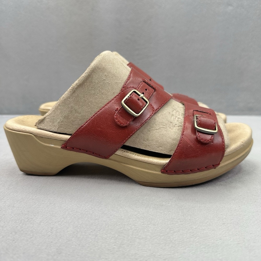 Womens 7.5-8 (EU 38) Dansko Karena Wedge Sandals Red Leather Buckle Heeled